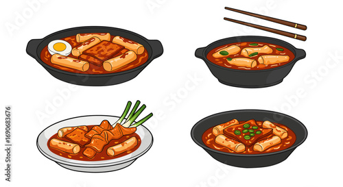Four variations of Korean food tteokbokki in different serving dishes.
