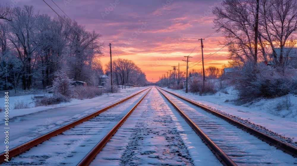 Fototapeta premium Snow covered railroad tracks lead towards a vibrant sunset with trees lining the path