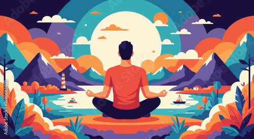 Person meditating peacefully in a vibrant, abstract landscape, finding inner calm.