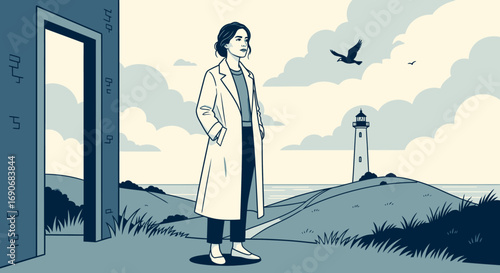 Woman in lab coat looking towards lighthouse and sea, contemplating future possibilities.