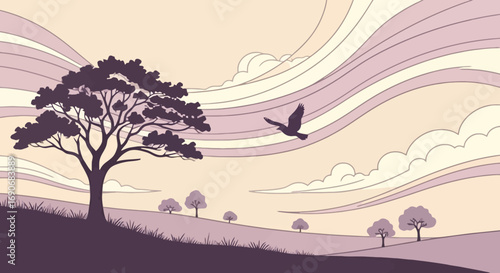 Lone tree silhouetted against a vast, serene landscape with a bird soaring through gentle, stylized clouds.