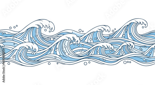 A seamless pattern of stylized blue ocean waves with white foam and bubbles, rendered in a line art style.