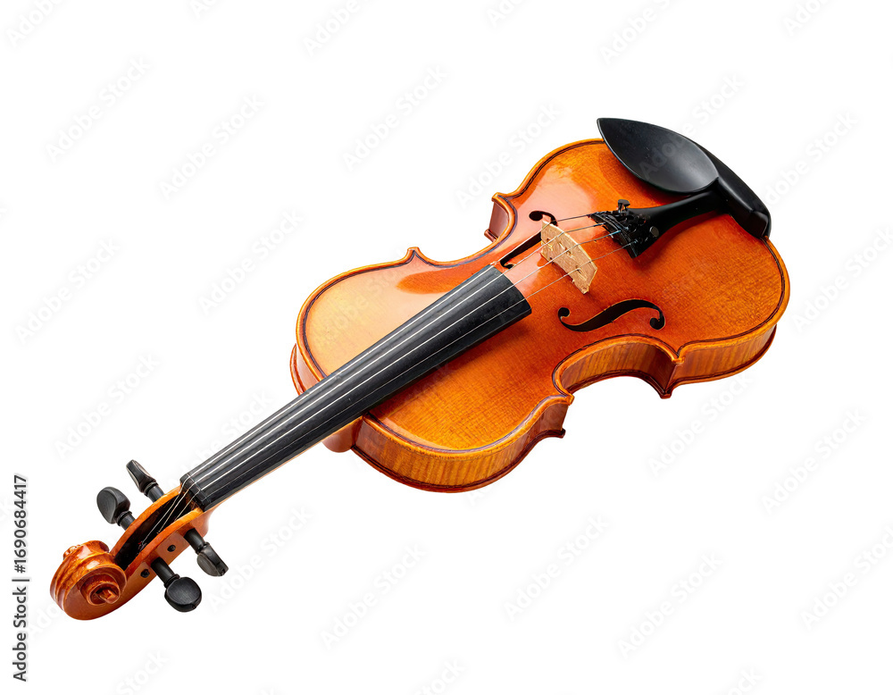 Fototapeta premium A classic violin, warm orange-brown wood, black fittings, angled view