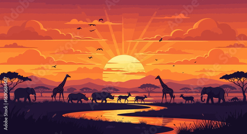Serene African savanna landscape with diverse wildlife silhouetted against a vibrant sunset.