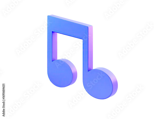 3D rendered, stylized musical note icon, vibrant light purple-blue