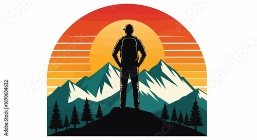 Adventurer silhouetted against a vibrant sunset, standing atop a mountain peak.