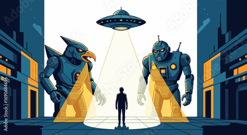 Lone figure faces two towering robots beneath a mysterious flying saucer