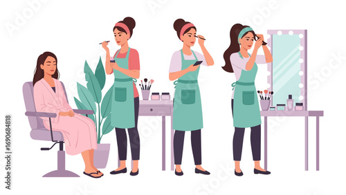 Diverse group of women practicing makeup application in a beauty salon setting with professional tools and equipment