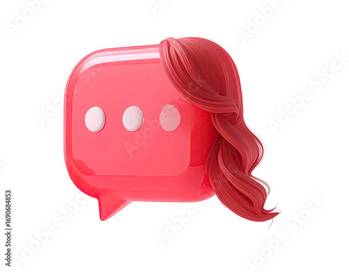 A vibrant pink speech bubble, glossy and 3D, featuring a strand of reddish-pink curly hair