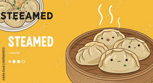 Steamed dumplings in a bamboo steamer basket delicious and appetizing food.
