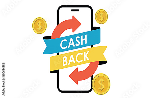 Cash Back Concept Mobile phone with an arrow that is a money transfer, with dollar coins and a cashback banner
