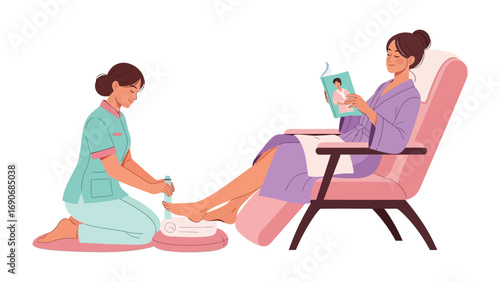 Woman relaxing receiving a pedicure treatment from a professional manicurist in a spa setting while reading a magazine