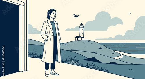 Woman in lab coat looks thoughtfully towards distant lighthouse and sea