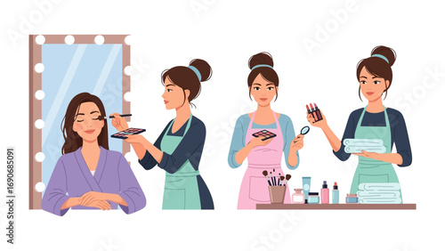 A professional makeup artist applying cosmetics to a client in front of a lighted mirror showcasing beauty services and the art of makeup application