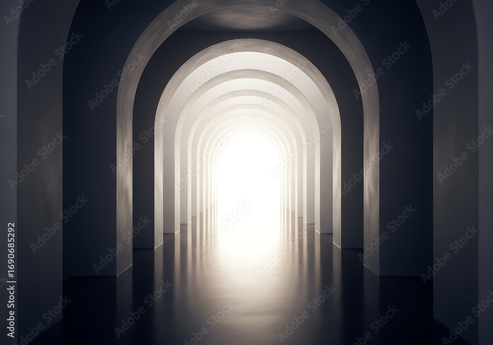 Fototapeta premium Endless arched hallway leading to bright light