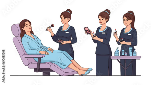 Professional makeup artists applying makeup to a seated woman in a beauty salon or spa setting with various cosmetic products and tools displayed