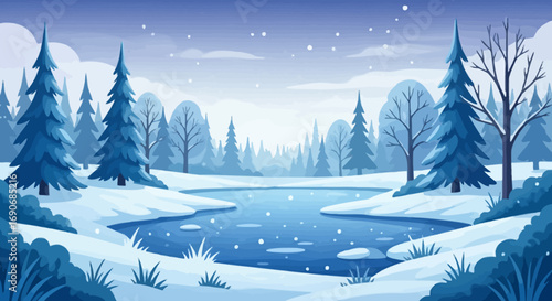 Serene winter landscape with snow-covered trees and a frozen lake under a soft sky.