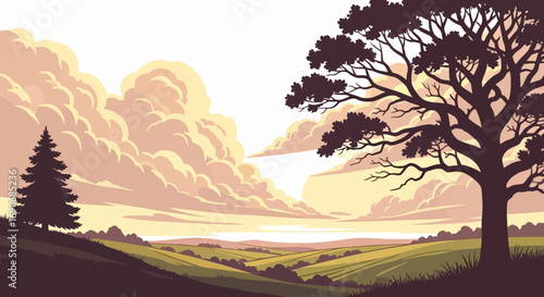 Serene rural landscape bathed in warm, golden light with dramatic clouds and a silhouetted tree.