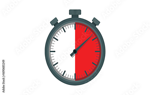 Clean, modern stopwatch illustration indicating 30 minutes elapsed or half a period of time, symbolizing speed, deadlines, and efficiency concepts