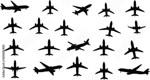 Black airplane silhouette collection showing multiple aircraft views in various flying angles, perfect aviation vector design for travel, transport, flight.