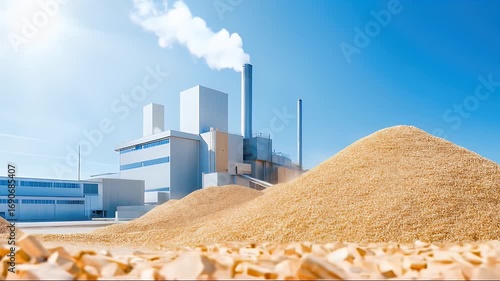 Modern Factory Building with Large Piles of Wood Pellets Under a Bright Blue Sky