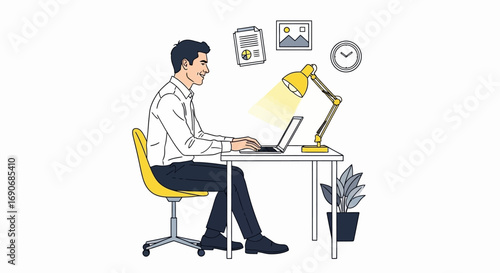 Focused man working diligently on a laptop at a desk with a lamp and plant.