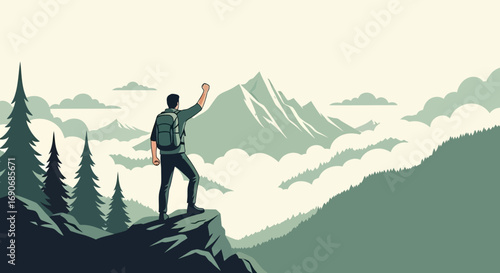 Adventurous hiker celebrates reaching mountain summit with breathtaking misty valley view.