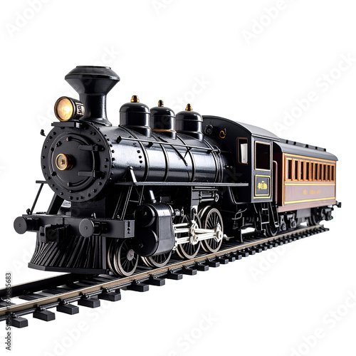 Detailed view of a vintage-style steam locomotive pulling a passenger train