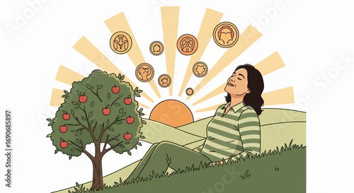 Woman peacefully dreaming of success and abundance under a sunny sky with symbolic coins.
