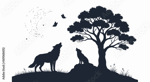Two wolves howl at the moon under a solitary tree on a starry night.
