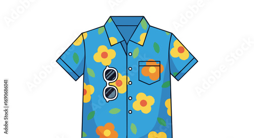 A vibrant blue short-sleeved shirt adorned with a cheerful yellow and orange floral pattern, featuring a pocket and a pair of sunglasses casually placed on it.