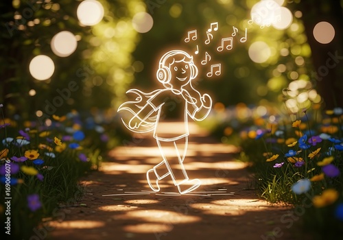 Boy with headphones walking on a path in a park with music notes