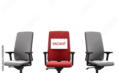 Conceptual image of recruitment and hiring, showing three office chairs with a red one in the center featuring a vacant sign for an open position