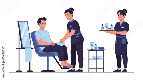 Professional beauticians providing skincare treatments and offering beauty products to a male client in a modern spa or salon setting