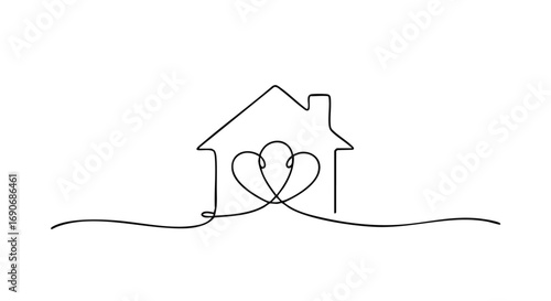 Minimalist line art of a house with two hearts inside.