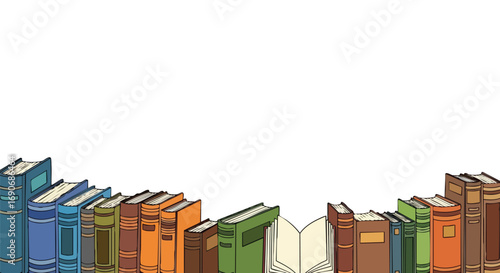A row of colorful, illustrated books lined up against a plain white background with copy space.