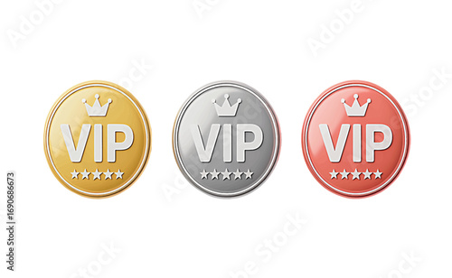Round gold, silver, and bronze medals with the word VIP and stars, symbolizing achievement, status, and exclusive access