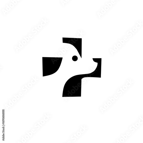 Minimal black and white logo of a dog’s head integrated with a medical cross, symbolizing veterinary care, pet health, and animal clinic services in modern design.