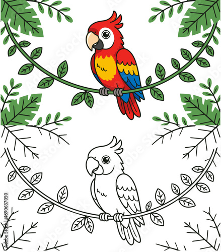 Colorful parrot and outline of cockatoo on leaf branch coloring page for kids left handed friendly with color sample  