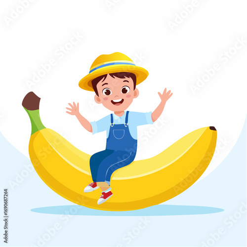A stylized illustration of a cheerful little boy in overalls and a hat happily riding on a giant banana
