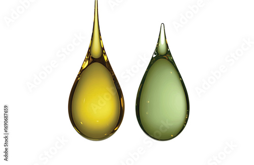 Two vibrant, glossy liquid drops, one golden yellow and one verdant green, gracefully suspended against a pristine white background, showcasing their smooth, reflective surfaces and fluid viscosity