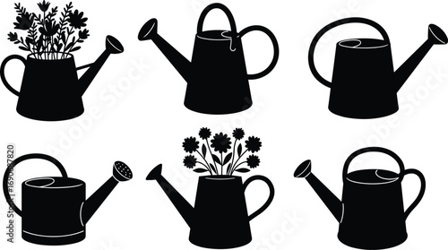 Black silhouette collection of watering cans with flowers, garden tools vector illustration for gardening, plant care, floral decoration, agriculture design.
