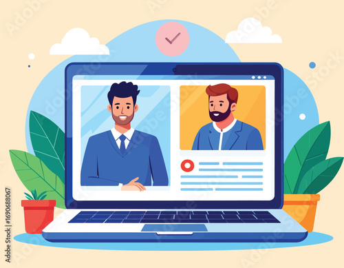 Online video conference meeting between two businessmen on a laptop.
