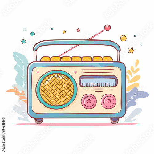Retro cartoon radio illustration, vintage music player with antenna and knobs, fun graphic art