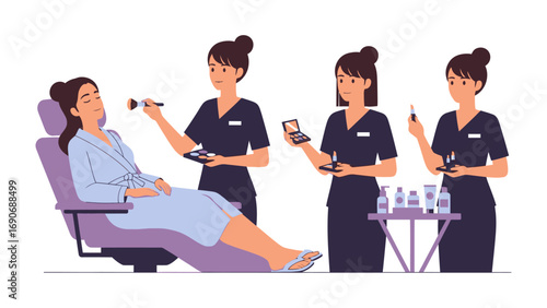A woman relaxes in a salon chair receiving makeup application from three professional beauticians demonstrating various cosmetic techniques and products