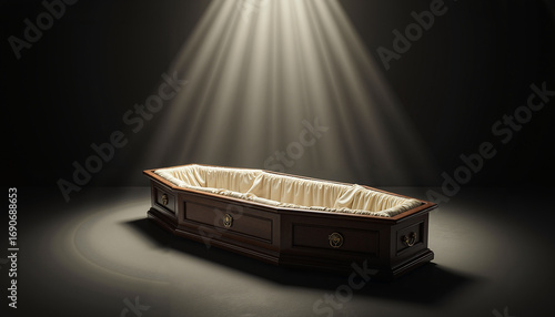 Wooden coffin illuminated by soft light in dark background, concept of funeral  