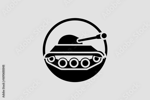 Circular tank emblem with stylized armored vehicle silhouette and turret — minimalist vector logo and icon ideal for military branding, defense, tactical gear, esports teams and signage.