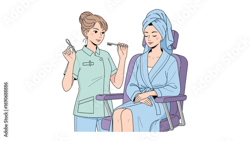 Professional aesthetician applying cosmetic treatment to a woman in a spa robe and towel with closed eyes