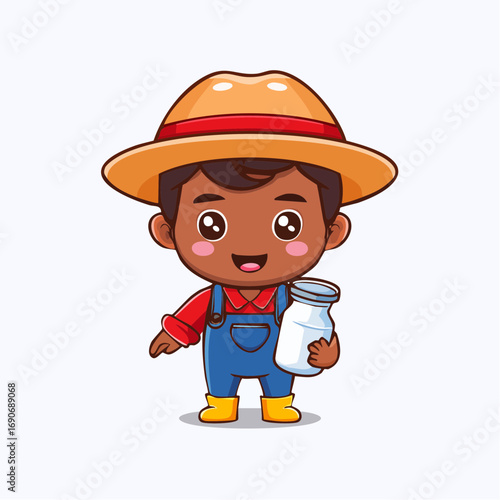 Cute young Indian farmer boy in overalls holding a bottle of fresh milk, a charming cartoon vector illustration for agriculture concepts