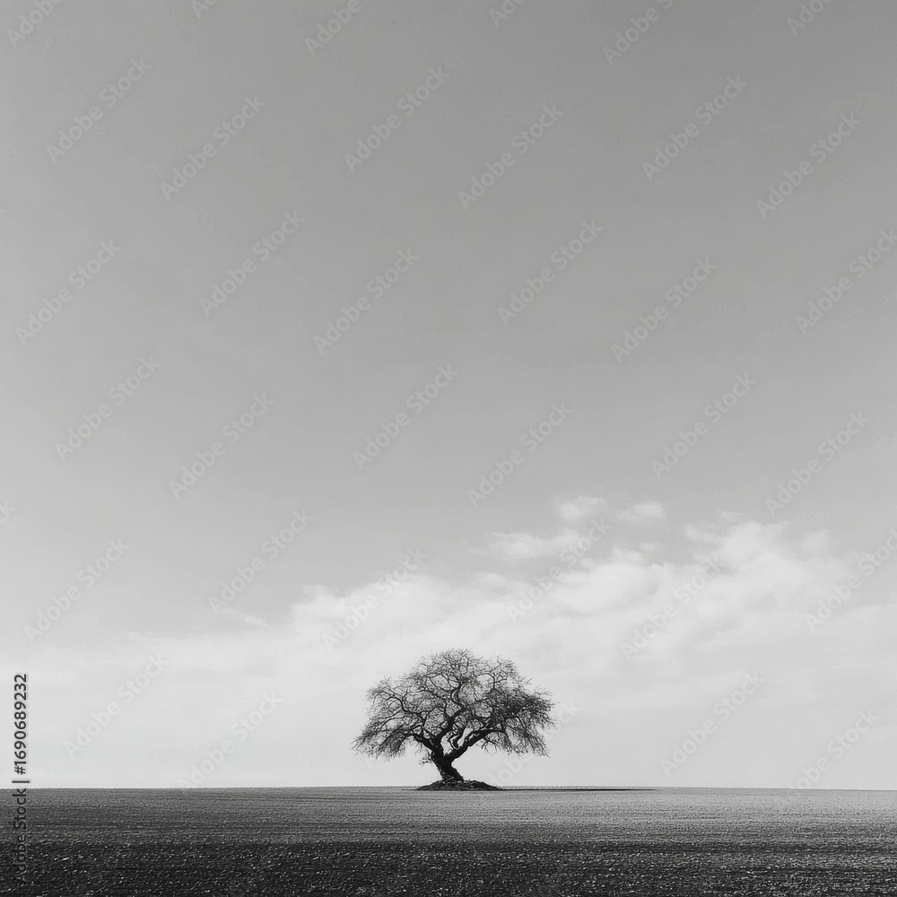 Obraz premium Solitary Tree in Expansive Landscape Under Soft Cloudy Sky